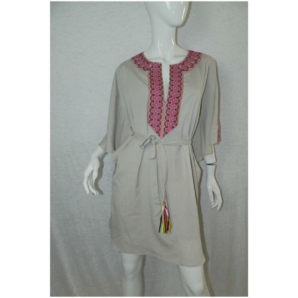 Boheme  Tunic Dress Beige  Embroidery Geometric Pink‎ Trim Size Medium
